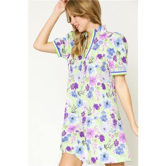 Umgee Floral‎ Print Short Puff Sleeve Mini Dress - Picture 2 of 3